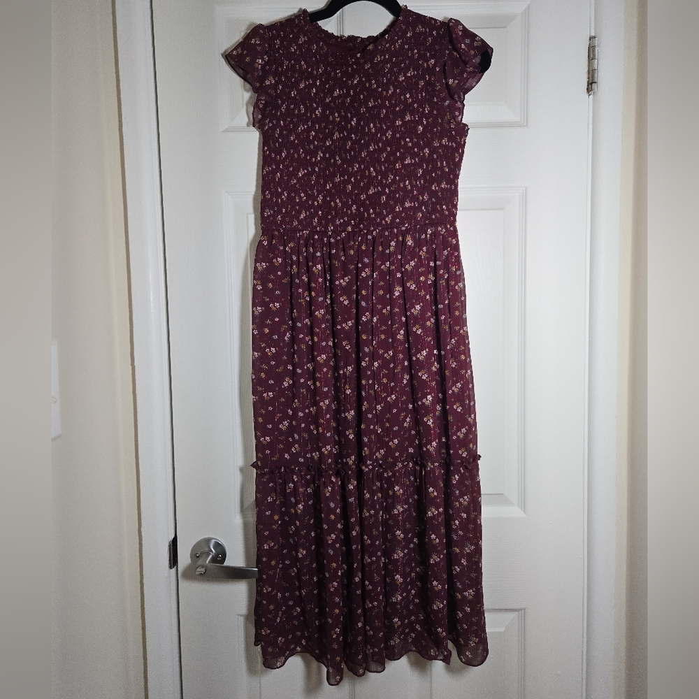 Zunie Smocked Floral Midi Dress | Juniors 14 - Fits Women’s XS–S | Wine Berry - Picture 5 of 17